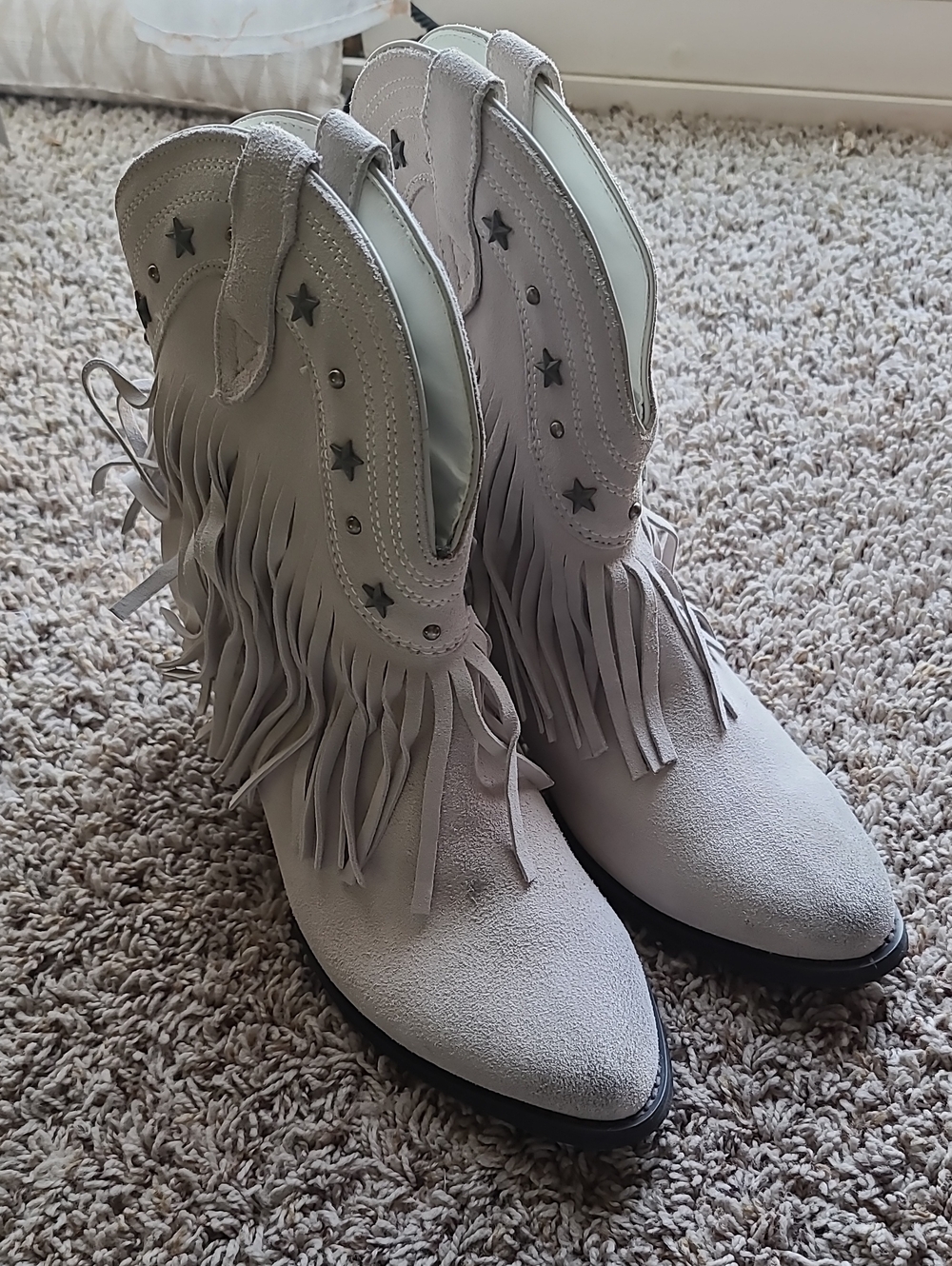 Very Volatile Light Gray Fringe Western Ankle Boots with Star Studs